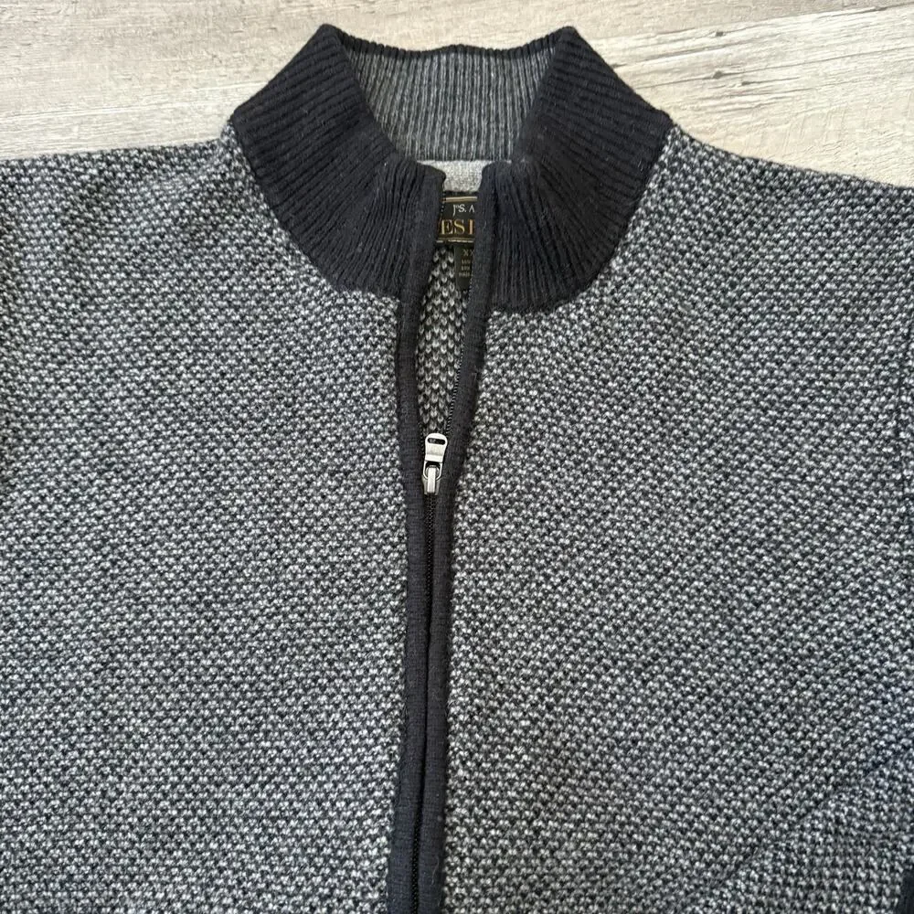 Jos A Bank Reserve Full-Zip Sweater Men XXL Black Gray Mock Neck Knit Wool Nylon